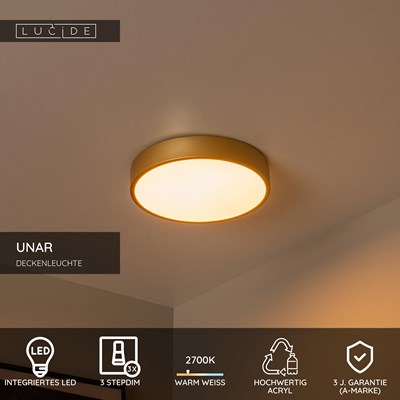 Lucide UNAR - Deckenleuchte - Ø 30 cm - LED 3 StepDim - 1x18W 2700K - Mattes Gold / Messing